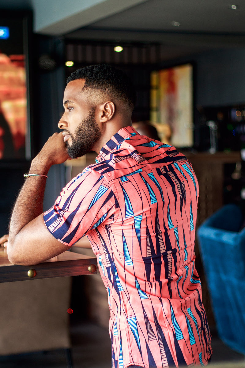 AFRICAN PRINT KWAME SHIRT SLEEVE BUTTON UP MANDARIN COLLAR  SHIRT