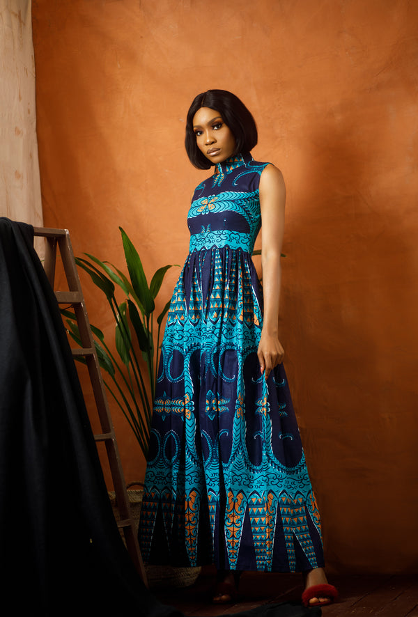 Traditional Kente Sleeveless Turtleneck Maxi Dress for Women