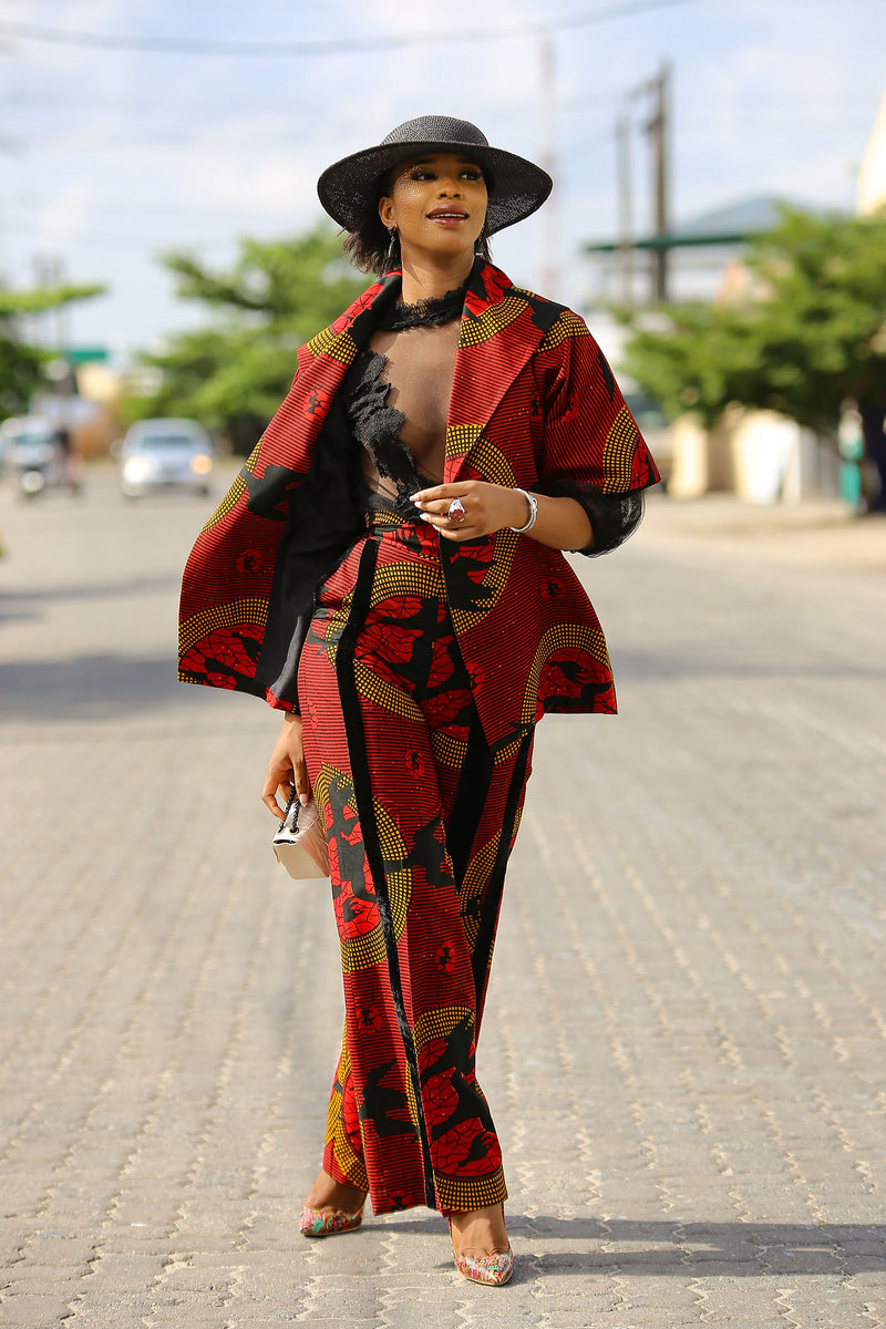 African Print Red Duu Kimono and Pant Set