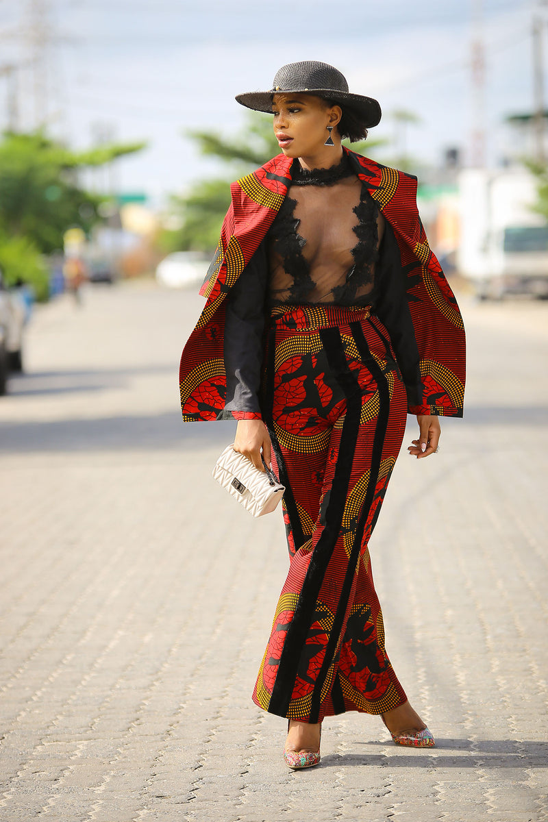 African Print Red Duu Kimono and Pant Set