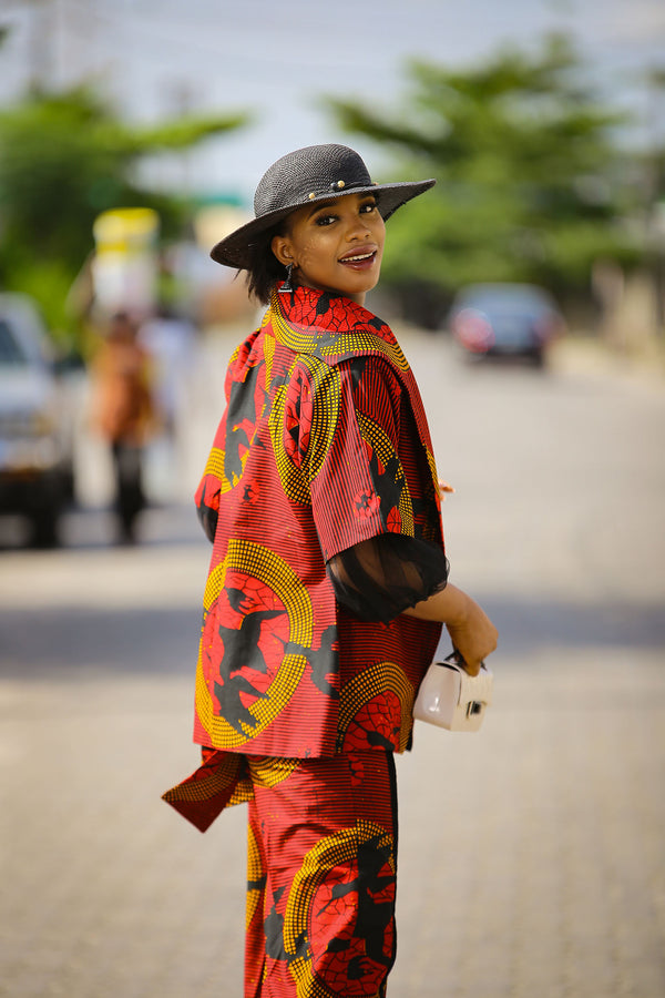 African Print Red Duu Kimono and Pant Set